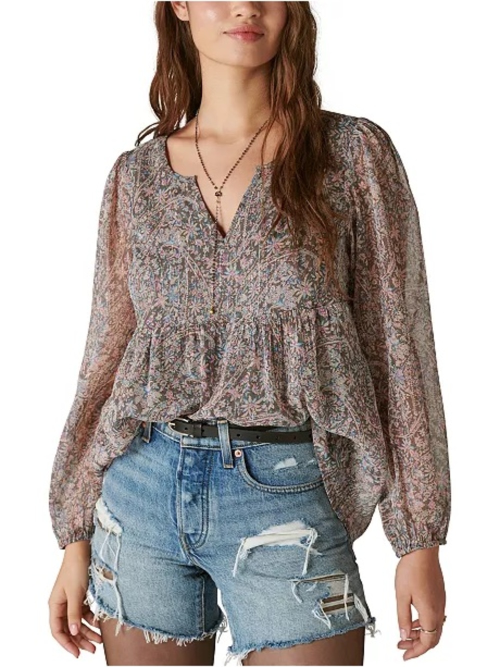 Lucky Brand Paisley-Print Split-Neck Peasant Top XL